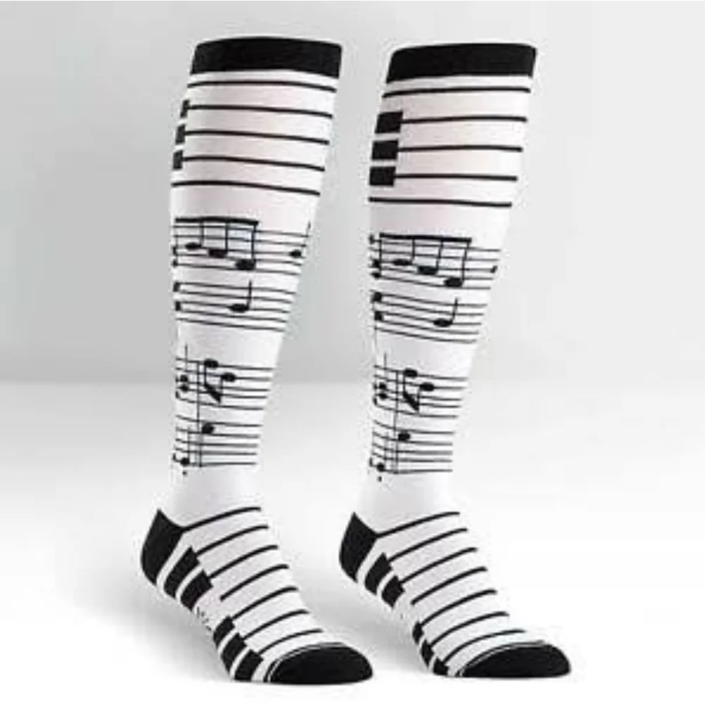 Compression Socks. Fits Size L. Black and White Musical Notes. 0040